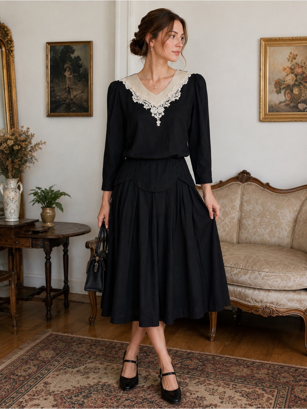 Vintage Lisa Petites Black Lace Midi Dress USA Cottagecore Prairie Victorian